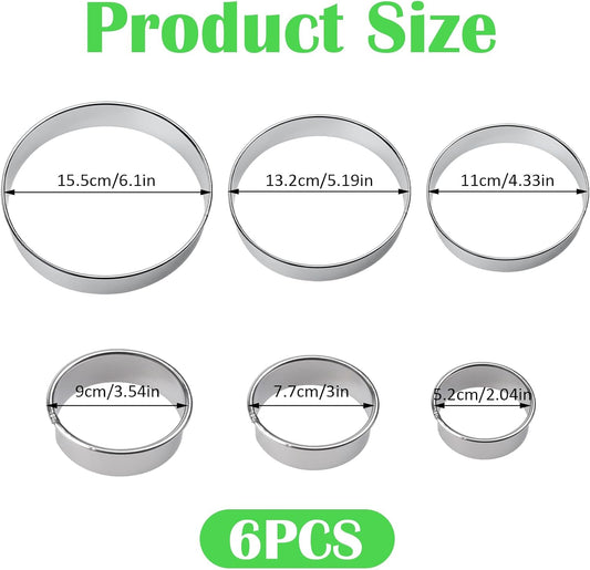 6 Pcs Round Cookie Cutter Set (2, 3, 3.5, 4, 5, 6 Inch) Metal Stainless Steel Large Circle Cookie Cutters Biscuit Cutter for Baking Tools Dough Cake Pastry Donuts Fondant Circle Cutting Ring Molds