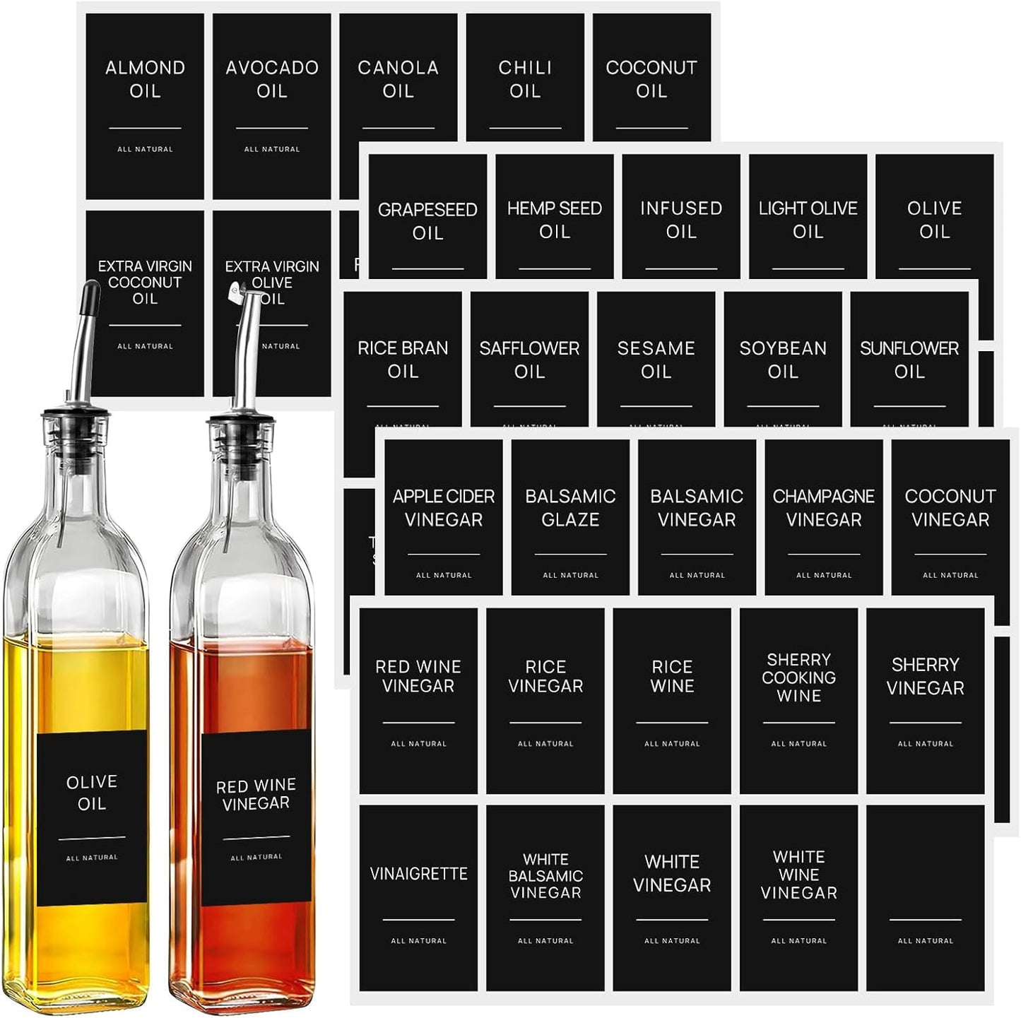 50 Oil and Vinegar Labels for Bottles,Preprinted Condiments Label Stickers for Organizing Oil Dispenser Bottles, Black Matte Minimalist Oil Jar Labels