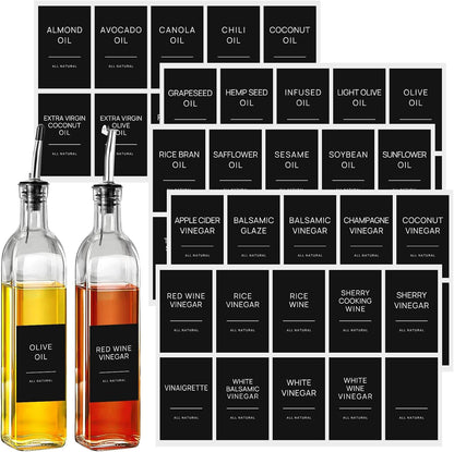 50 Oil and Vinegar Labels for Bottles,Preprinted Condiments Label Stickers for Organizing Oil Dispenser Bottles, Black Matte Minimalist Oil Jar Labels