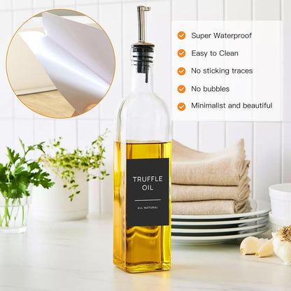50 Oil and Vinegar Labels for Bottles,Preprinted Condiments Label Stickers for Organizing Oil Dispenser Bottles, Black Matte Minimalist Oil Jar Labels