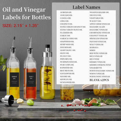 50 Oil and Vinegar Labels for Bottles,Preprinted Condiments Label Stickers for Organizing Oil Dispenser Bottles, Black Matte Minimalist Oil Jar Labels