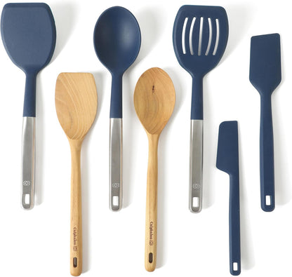 Prime 7-Piece Silicone and Teak Wood Kitchen Tool Set, Stainless Steel Kitchen Utensil Set, Kitchen Spoon And Spatula Set, Heat Resistant Non-Slip Kitchen Gadgets Set - Navy Blue