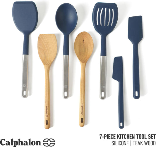 Prime 7-Piece Silicone and Teak Wood Kitchen Tool Set, Stainless Steel Kitchen Utensil Set, Kitchen Spoon And Spatula Set, Heat Resistant Non-Slip Kitchen Gadgets Set - Navy Blue