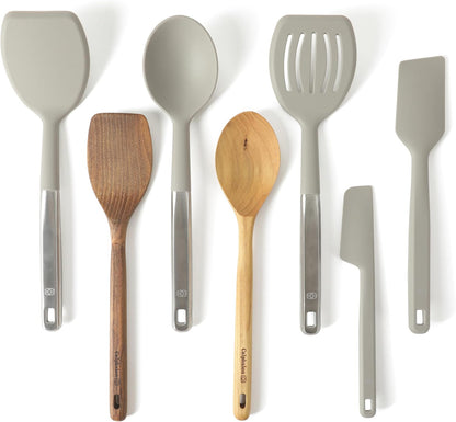 Prime 7-Piece Silicone and Teak Wood Kitchen Tool Set, Stainless Steel Kitchen Utensil Set, Kitchen Spoon And Spatula Set, Heat Resistant Non-Slip Kitchen Gadgets Set - Navy Blue