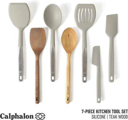 Prime 7-Piece Silicone and Teak Wood Kitchen Tool Set, Stainless Steel Kitchen Utensil Set, Kitchen Spoon And Spatula Set, Heat Resistant Non-Slip Kitchen Gadgets Set - Navy Blue
