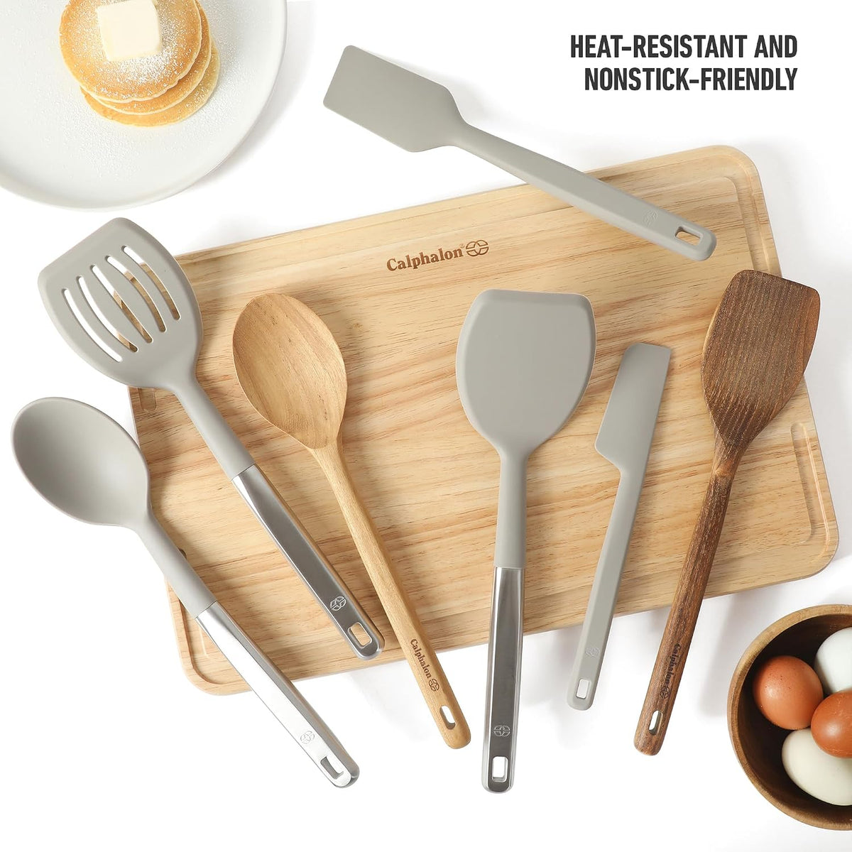 Prime 7-Piece Silicone and Teak Wood Kitchen Tool Set, Stainless Steel Kitchen Utensil Set, Kitchen Spoon And Spatula Set, Heat Resistant Non-Slip Kitchen Gadgets Set - Navy Blue