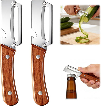 2 Pcs Multi-Functional Vegetable Peeler for Kitchen, Premium Vegetable Peeler with Wooden Handle and Bottle Opener, Stainless Steel Blade Kitchen Tool for Fruit Apple Potato Pumpkin Papaya Carrot