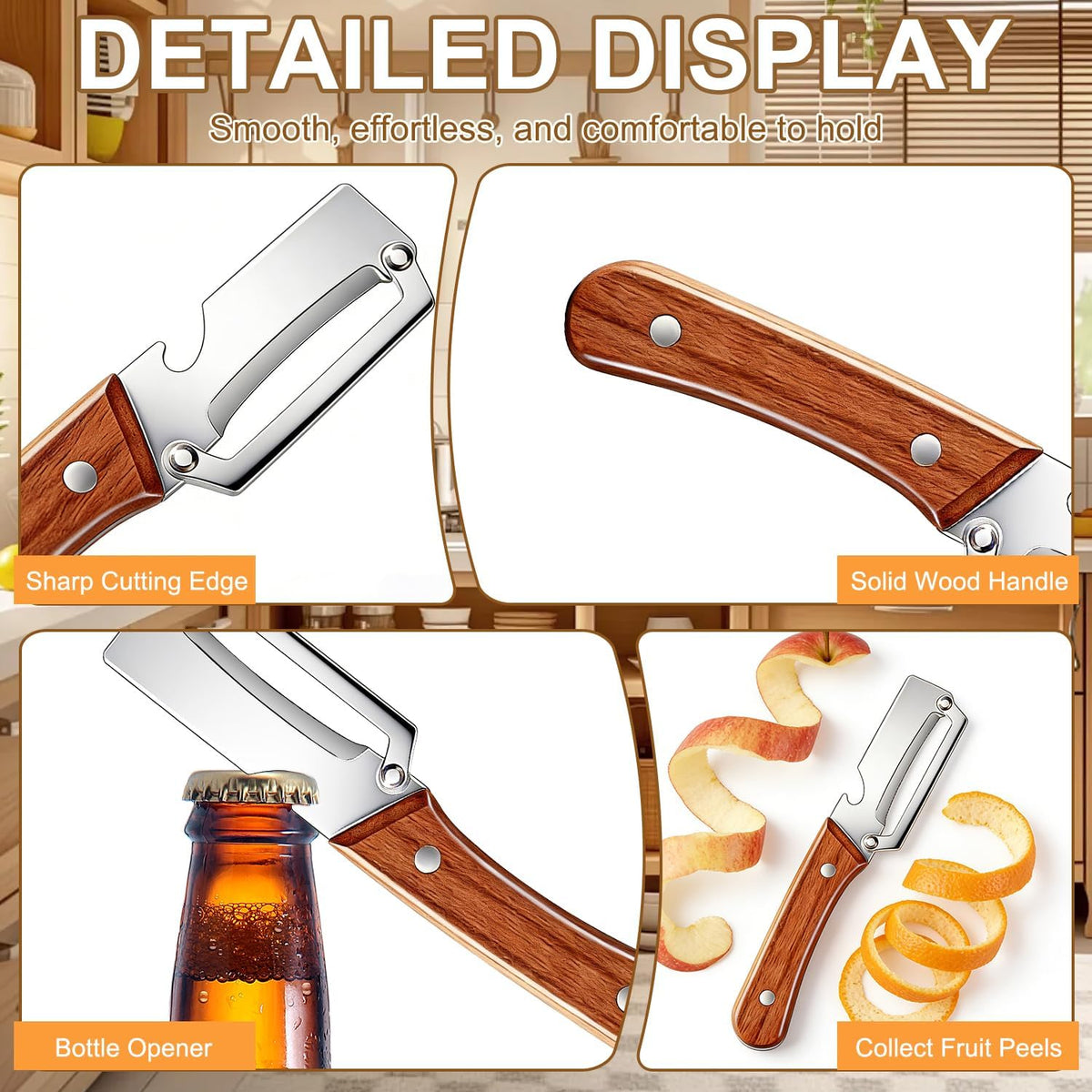 2 Pcs Multi-Functional Vegetable Peeler for Kitchen, Premium Vegetable Peeler with Wooden Handle and Bottle Opener, Stainless Steel Blade Kitchen Tool for Fruit Apple Potato Pumpkin Papaya Carrot