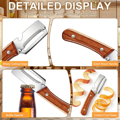 2 Pcs Multi-Functional Vegetable Peeler for Kitchen, Premium Vegetable Peeler with Wooden Handle and Bottle Opener, Stainless Steel Blade Kitchen Tool for Fruit Apple Potato Pumpkin Papaya Carrot