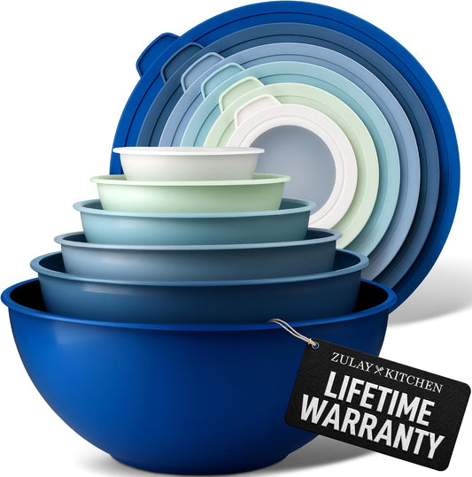 12 Piece Plastic Mixing Bowls with Lids Set - Leak-Proof Microwave & Freezer Safe Stackable Mixing Bowl Set for Preparing, Serving and Storing - Non-Slip Large Nesting Bowls (Blue Ombre)