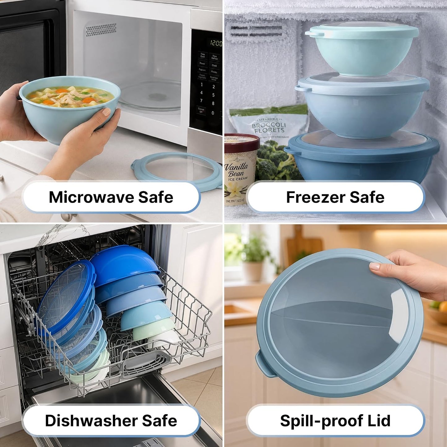 12 Piece Plastic Mixing Bowls with Lids Set - Leak-Proof Microwave & Freezer Safe Stackable Mixing Bowl Set for Preparing, Serving and Storing - Non-Slip Large Nesting Bowls (Blue Ombre)