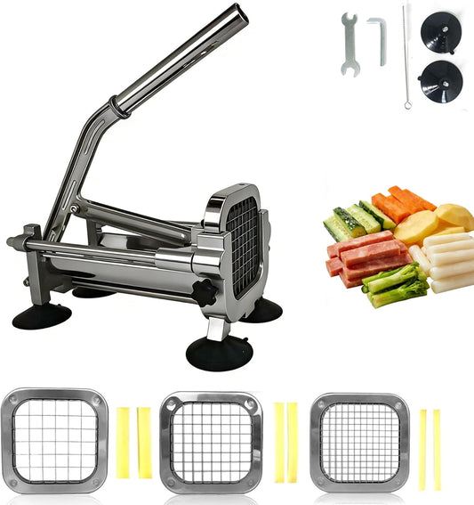 French Fry Cutter Professional Potato Slicer with 3 Interchangeable Blades, Aluminum Alloy Body, Stainless Steel Blades with 4 Large Suction Cups for Home Commercial Use (1/2"&1/4"&3/8" Blade)