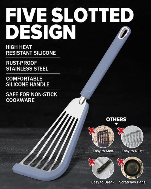 Fish Spatula Turner,Thin Slotted,Stainless Steel With Silicone Edge,2 Pack