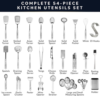 54-Piece Stainless Steel Kitchen Utensils Set - Heat-Resistant Nonstick Silicone & Stainless Steel Cooking Utensils - Complete Tools with Slotted Spoon & Pasta Spoon - Pack of 54, Silver