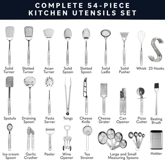 54-Piece Stainless Steel Kitchen Utensils Set - Heat-Resistant Nonstick Silicone & Stainless Steel Cooking Utensils - Complete Tools with Slotted Spoon & Pasta Spoon - Pack of 54, Silver