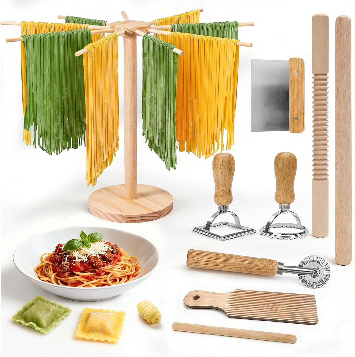 9 PCS Pasta Making Tools Set with Pasta Drying Rack, Ravioli Stamps | Pasta Making Kit with Rolling Pins, Gnocchi Board, Dough Cutter & Wheel Cutter for Homemade Pasta, Ravioli and Gnocchi