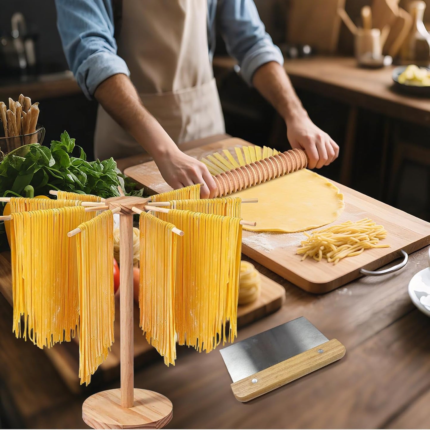 9 PCS Pasta Making Tools Set with Pasta Drying Rack, Ravioli Stamps | Pasta Making Kit with Rolling Pins, Gnocchi Board, Dough Cutter & Wheel Cutter for Homemade Pasta, Ravioli and Gnocchi