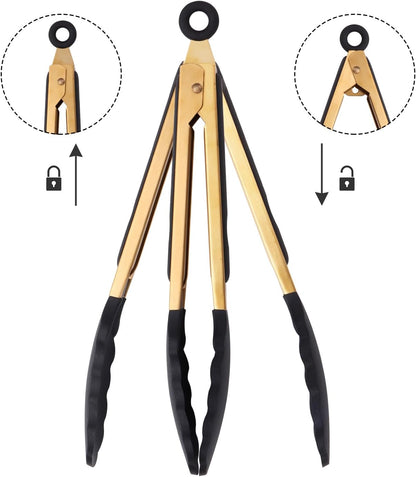 Stainless Steel Classic Kitchen Serving Food Party Gold Tongs 9" and 12" Cooking Tong with BPA Free Silicone Tips, Dishwasher Safe Serving Tools(set of 2)