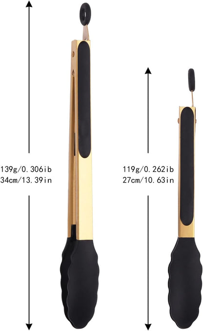 Stainless Steel Classic Kitchen Serving Food Party Gold Tongs 9" and 12" Cooking Tong with BPA Free Silicone Tips, Dishwasher Safe Serving Tools(set of 2)