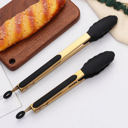 Stainless Steel Classic Kitchen Serving Food Party Gold Tongs 9" and 12" Cooking Tong with BPA Free Silicone Tips, Dishwasher Safe Serving Tools(set of 2)