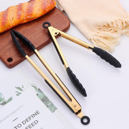 Stainless Steel Classic Kitchen Serving Food Party Gold Tongs 9" and 12" Cooking Tong with BPA Free Silicone Tips, Dishwasher Safe Serving Tools(set of 2)