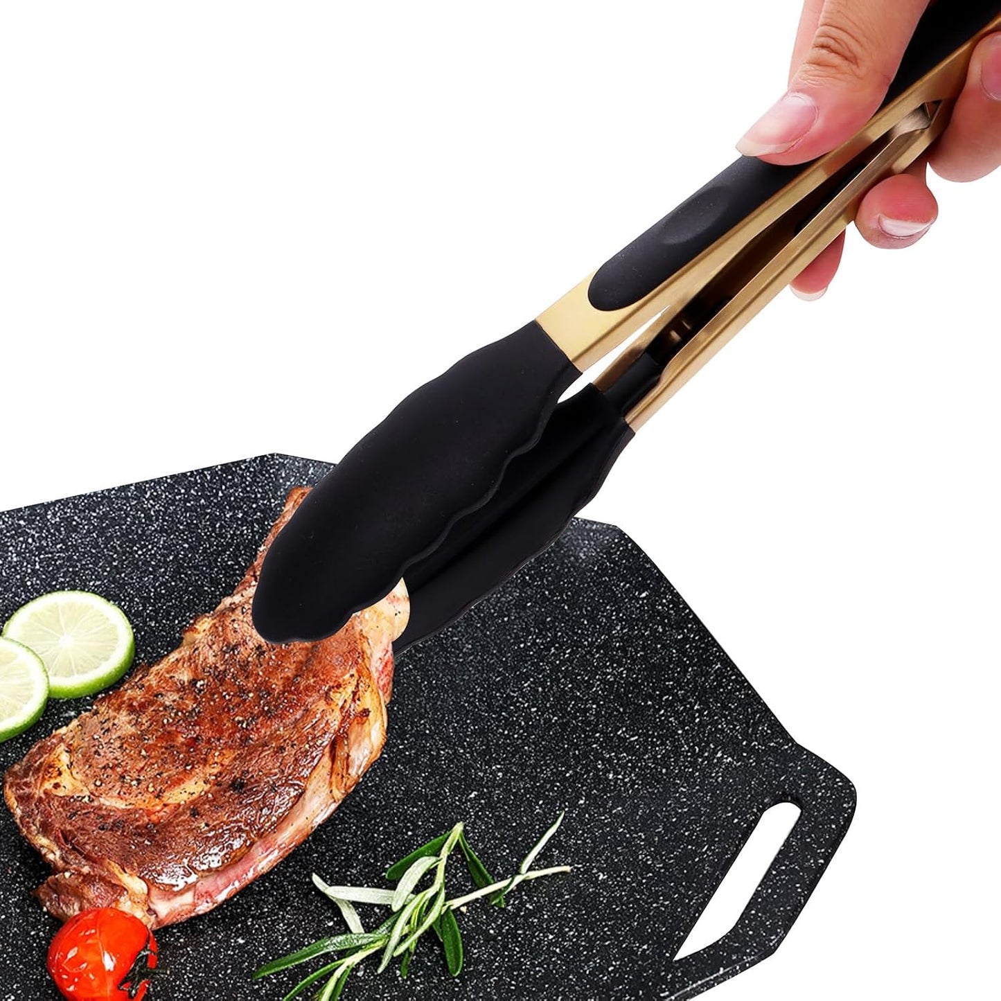 Stainless Steel Classic Kitchen Serving Food Party Gold Tongs 9" and 12" Cooking Tong with BPA Free Silicone Tips, Dishwasher Safe Serving Tools(set of 2)