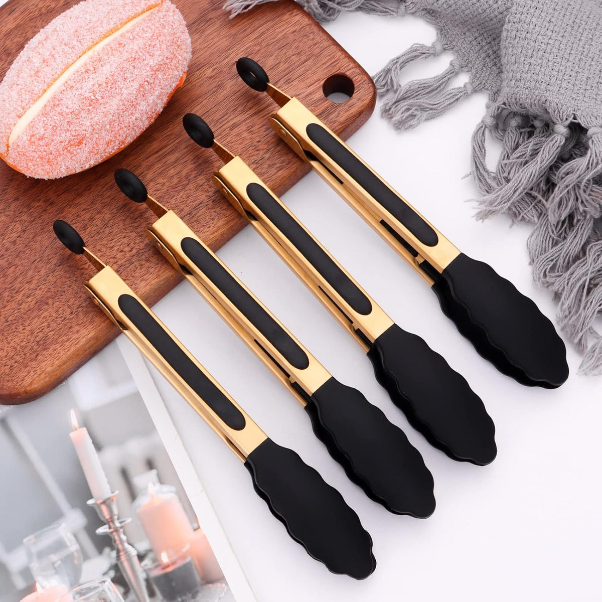 Stainless Steel Classic Kitchen Serving Food Party Gold Tongs 9" and 12" Cooking Tong with BPA Free Silicone Tips, Dishwasher Safe Serving Tools(set of 2)