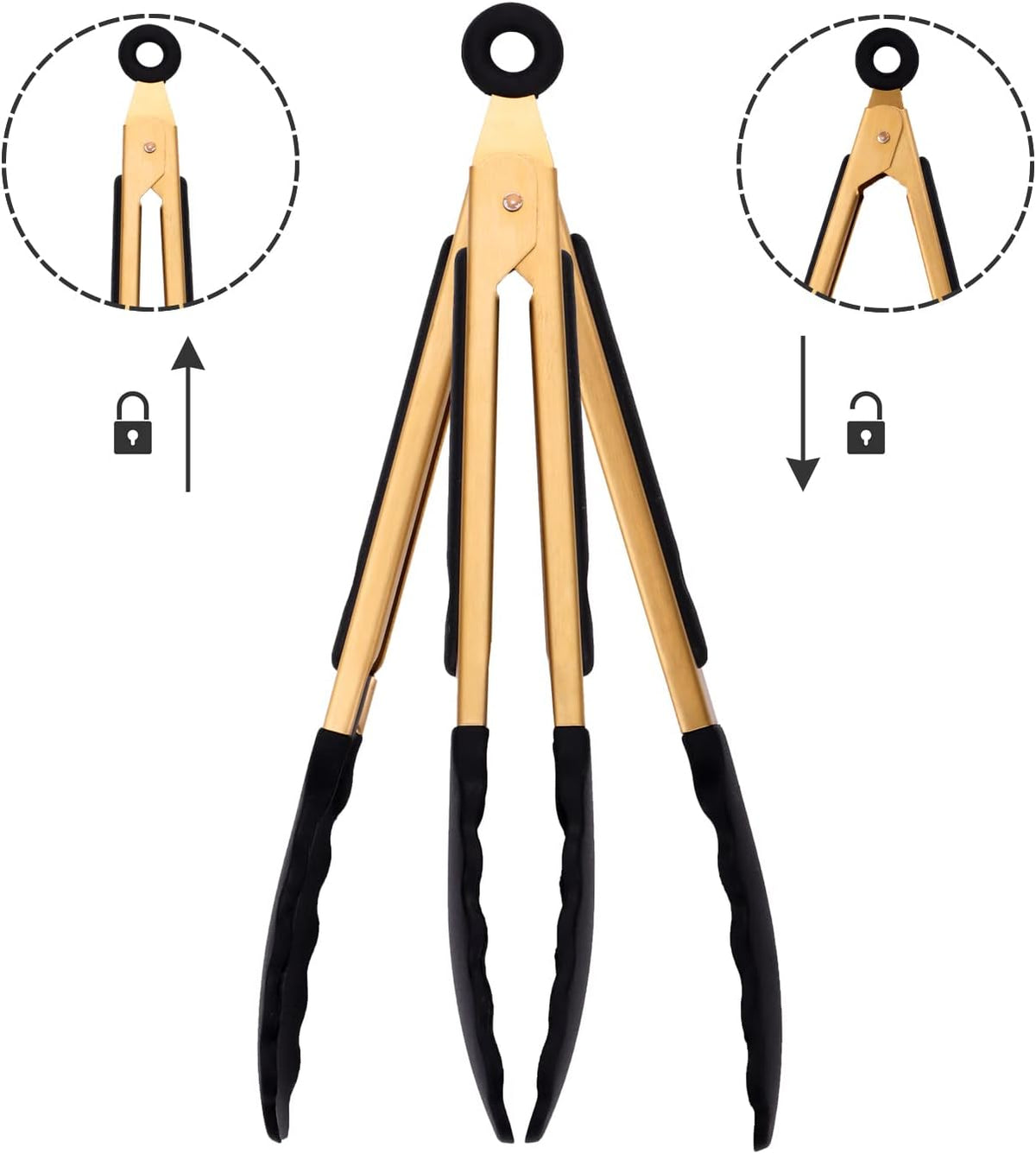 Stainless Steel Classic Kitchen Serving Food Party Gold Tongs 9" and 12" Cooking Tong with BPA Free Silicone Tips, Dishwasher Safe Serving Tools(set of 2)