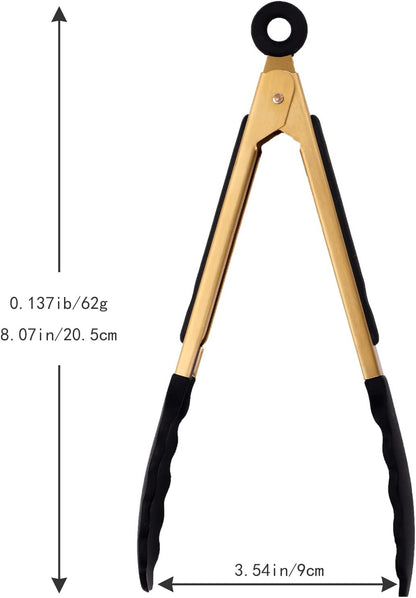 Stainless Steel Classic Kitchen Serving Food Party Gold Tongs 9" and 12" Cooking Tong with BPA Free Silicone Tips, Dishwasher Safe Serving Tools(set of 2)