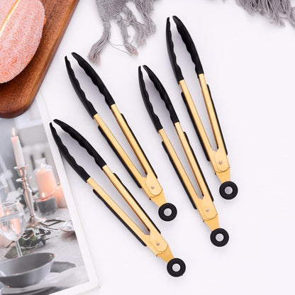 Stainless Steel Classic Kitchen Serving Food Party Gold Tongs 9" and 12" Cooking Tong with BPA Free Silicone Tips, Dishwasher Safe Serving Tools(set of 2)