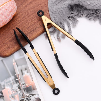 Stainless Steel Classic Kitchen Serving Food Party Gold Tongs 9" and 12" Cooking Tong with BPA Free Silicone Tips, Dishwasher Safe Serving Tools(set of 2)