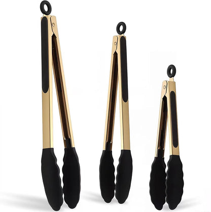 Stainless Steel Classic Kitchen Serving Food Party Gold Tongs 9" and 12" Cooking Tong with BPA Free Silicone Tips, Dishwasher Safe Serving Tools(set of 2)