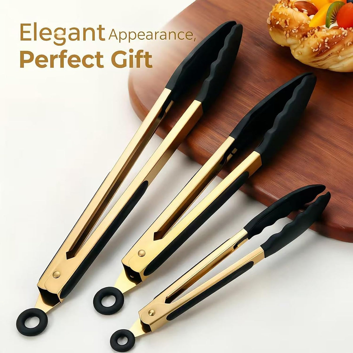 Stainless Steel Classic Kitchen Serving Food Party Gold Tongs 9" and 12" Cooking Tong with BPA Free Silicone Tips, Dishwasher Safe Serving Tools(set of 2)