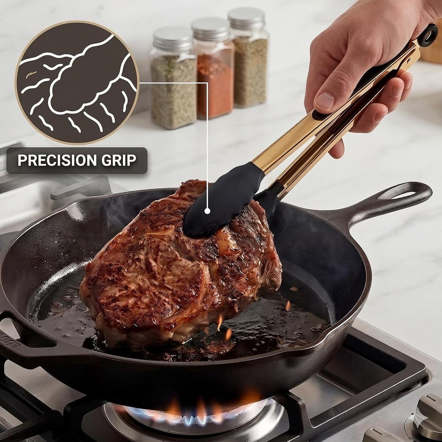 Stainless Steel Classic Kitchen Serving Food Party Gold Tongs 9" and 12" Cooking Tong with BPA Free Silicone Tips, Dishwasher Safe Serving Tools(set of 2)
