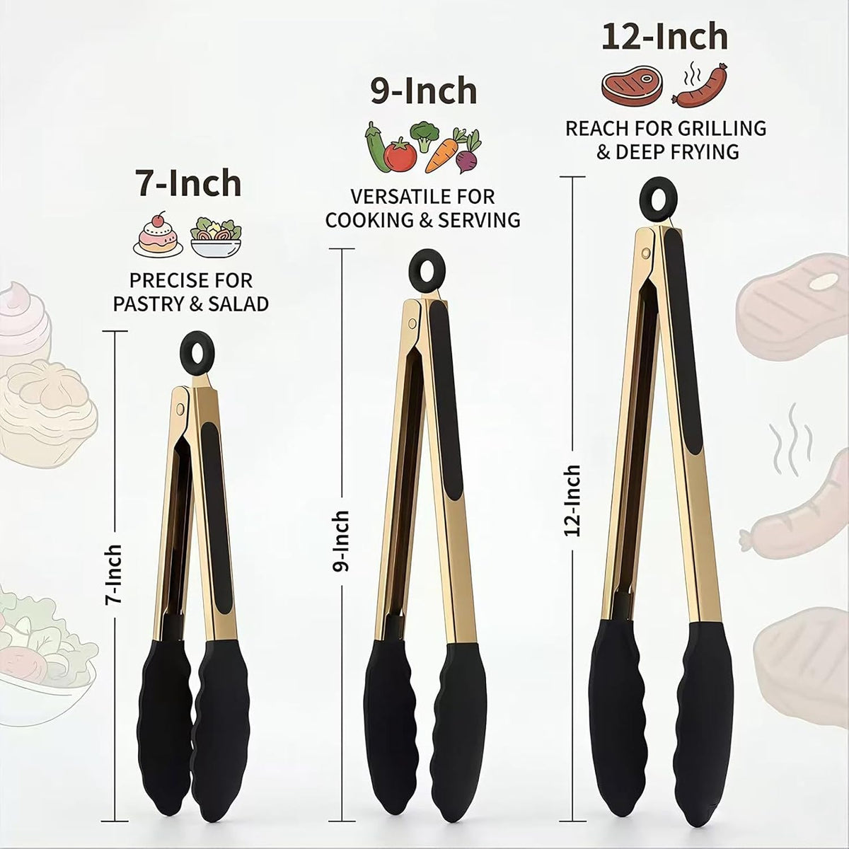 Stainless Steel Classic Kitchen Serving Food Party Gold Tongs 9" and 12" Cooking Tong with BPA Free Silicone Tips, Dishwasher Safe Serving Tools(set of 2)