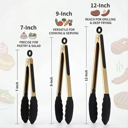 Stainless Steel Classic Kitchen Serving Food Party Gold Tongs 9" and 12" Cooking Tong with BPA Free Silicone Tips, Dishwasher Safe Serving Tools(set of 2)