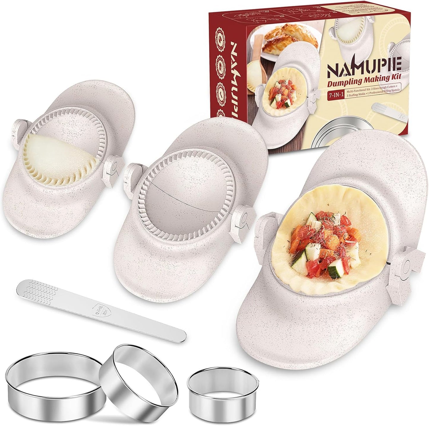 7 Piece Dumpling Maker Kit - All-in-One Empanada Maker Set with Press Molds & Ring Cutters, BPA-Free Kitchen Accessories for Home Cooking, Family/Friends Fun Gift (Beige)