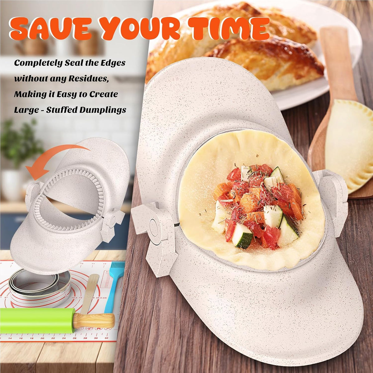 7 Piece Dumpling Maker Kit - All-in-One Empanada Maker Set with Press Molds & Ring Cutters, BPA-Free Kitchen Accessories for Home Cooking, Family/Friends Fun Gift (Beige)