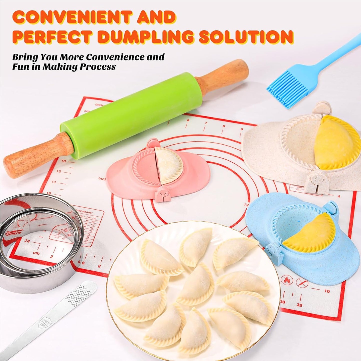 7 Piece Dumpling Maker Kit - All-in-One Empanada Maker Set with Press Molds & Ring Cutters, BPA-Free Kitchen Accessories for Home Cooking, Family/Friends Fun Gift (Beige)