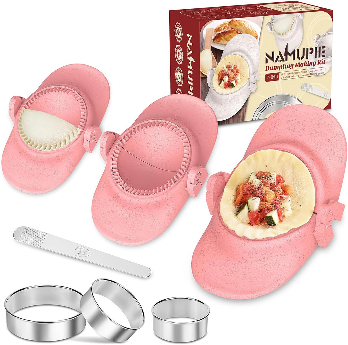 7 Piece Dumpling Maker Kit - All-in-One Empanada Maker Set with Press Molds & Ring Cutters, BPA-Free Kitchen Accessories for Home Cooking, Family/Friends Fun Gift (Beige)