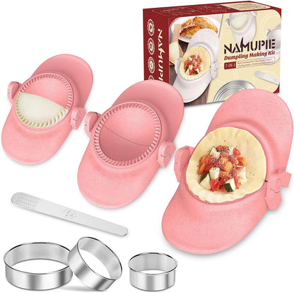 7 Piece Dumpling Maker Kit - All-in-One Empanada Maker Set with Press Molds & Ring Cutters, BPA-Free Kitchen Accessories for Home Cooking, Family/Friends Fun Gift (Beige)