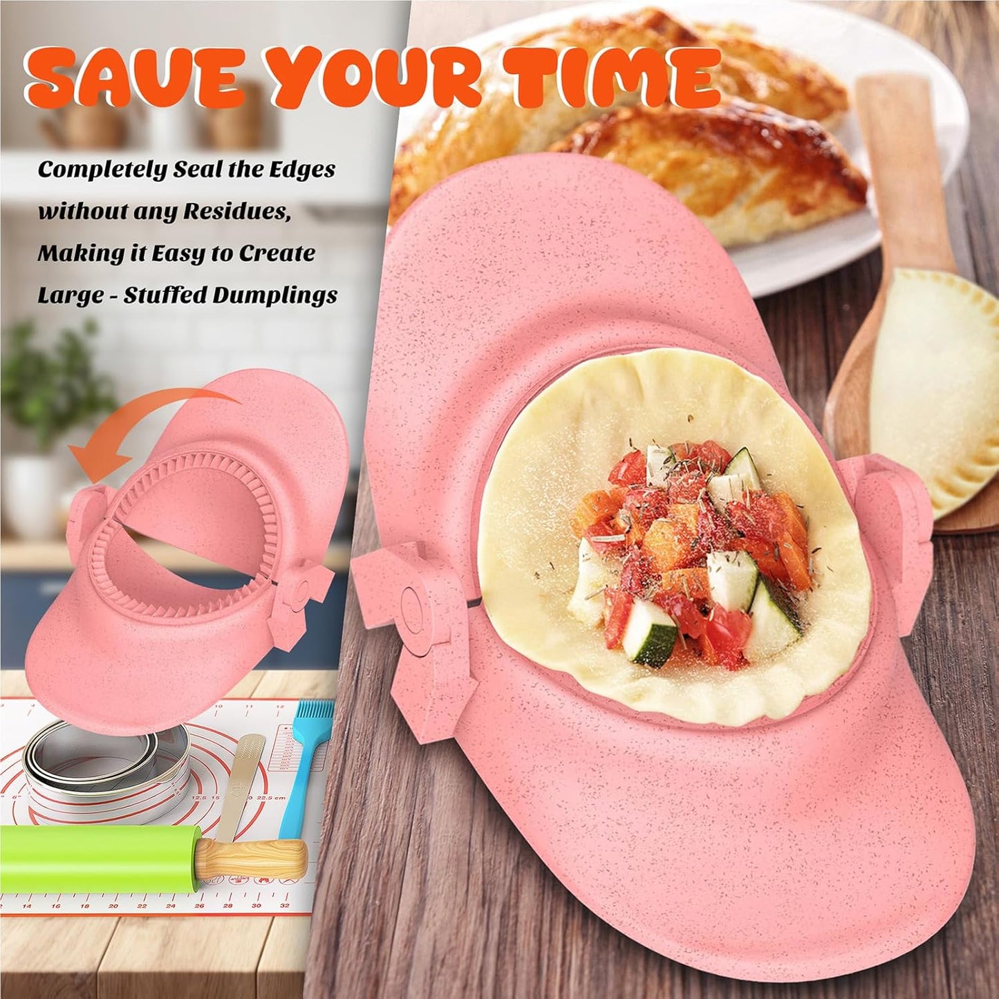 7 Piece Dumpling Maker Kit - All-in-One Empanada Maker Set with Press Molds & Ring Cutters, BPA-Free Kitchen Accessories for Home Cooking, Family/Friends Fun Gift (Beige)