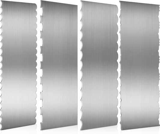 4 Pieces Stainless Steel Cake Ice Scraper Metal Smoother Large Double Sided Patterned Edge Stripe 9 Inch Metal Cake Decorating Comb for Icing Mousse Butter Cream Decoration, 4 Styles