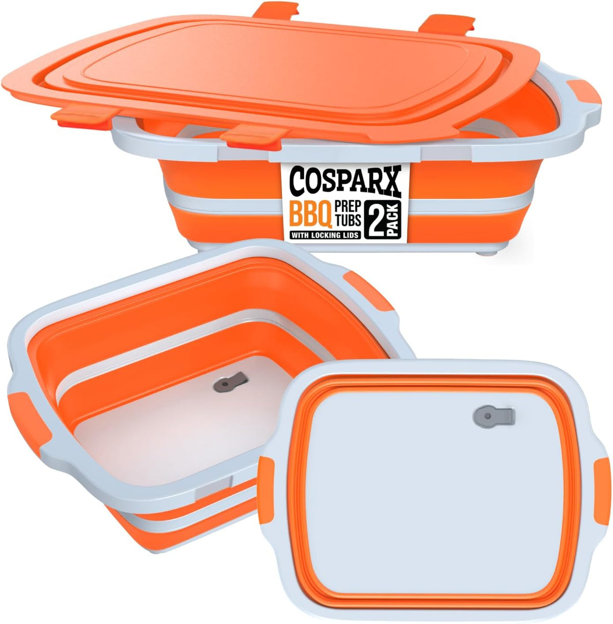 2-Pack XL Collapsible BBQ Prep Tub with Built-In Cutting Board, Lid & Strainer – Marinate, Drain & Prep – Large Food-Safe Container – Perfect for Grilling, Smoking & Outdoor Cooking (Black)