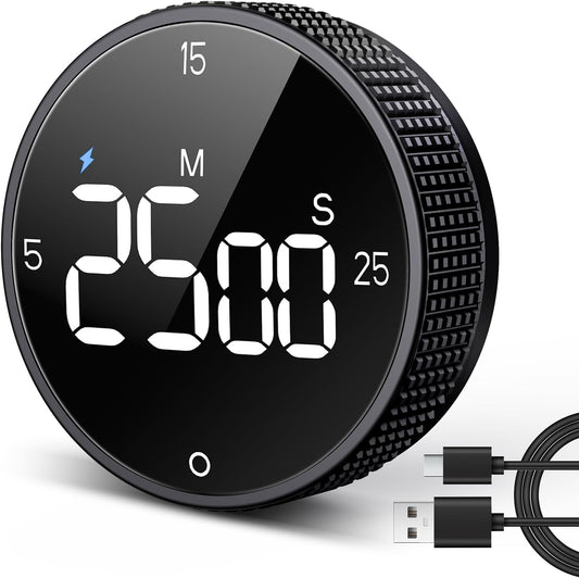 USB Rechargeable Magnetic Kitchen Timer for Cooking, Building 800mAh Battery Large Display Digital Countdown Countup Timer, 3 Preset 5/15/25 Mins Loud Alarm for Kitchen Classroom Grilling Studying