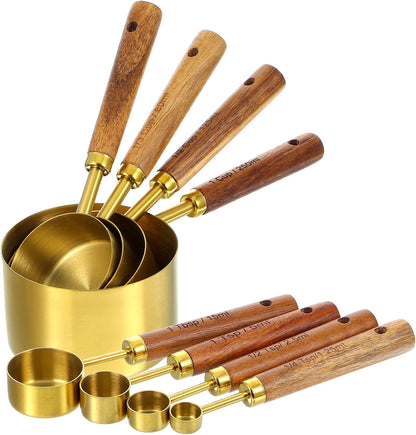 8 Piece Premium Stainless Steel Measuring Cups with Wood Handles, Gold Measuring Cups and Spoons Set,4 Stackable Wooden Measuring Cups and 4 Measuring Spoons Set for Baking Supplies in the Kitchen