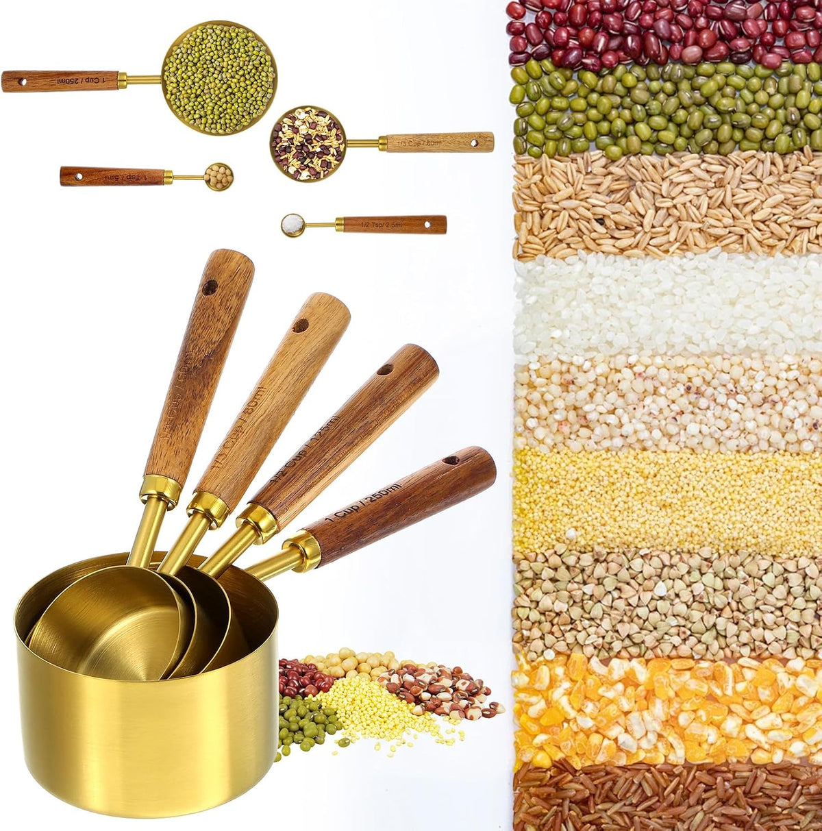 8 Piece Premium Stainless Steel Measuring Cups with Wood Handles, Gold Measuring Cups and Spoons Set,4 Stackable Wooden Measuring Cups and 4 Measuring Spoons Set for Baking Supplies in the Kitchen