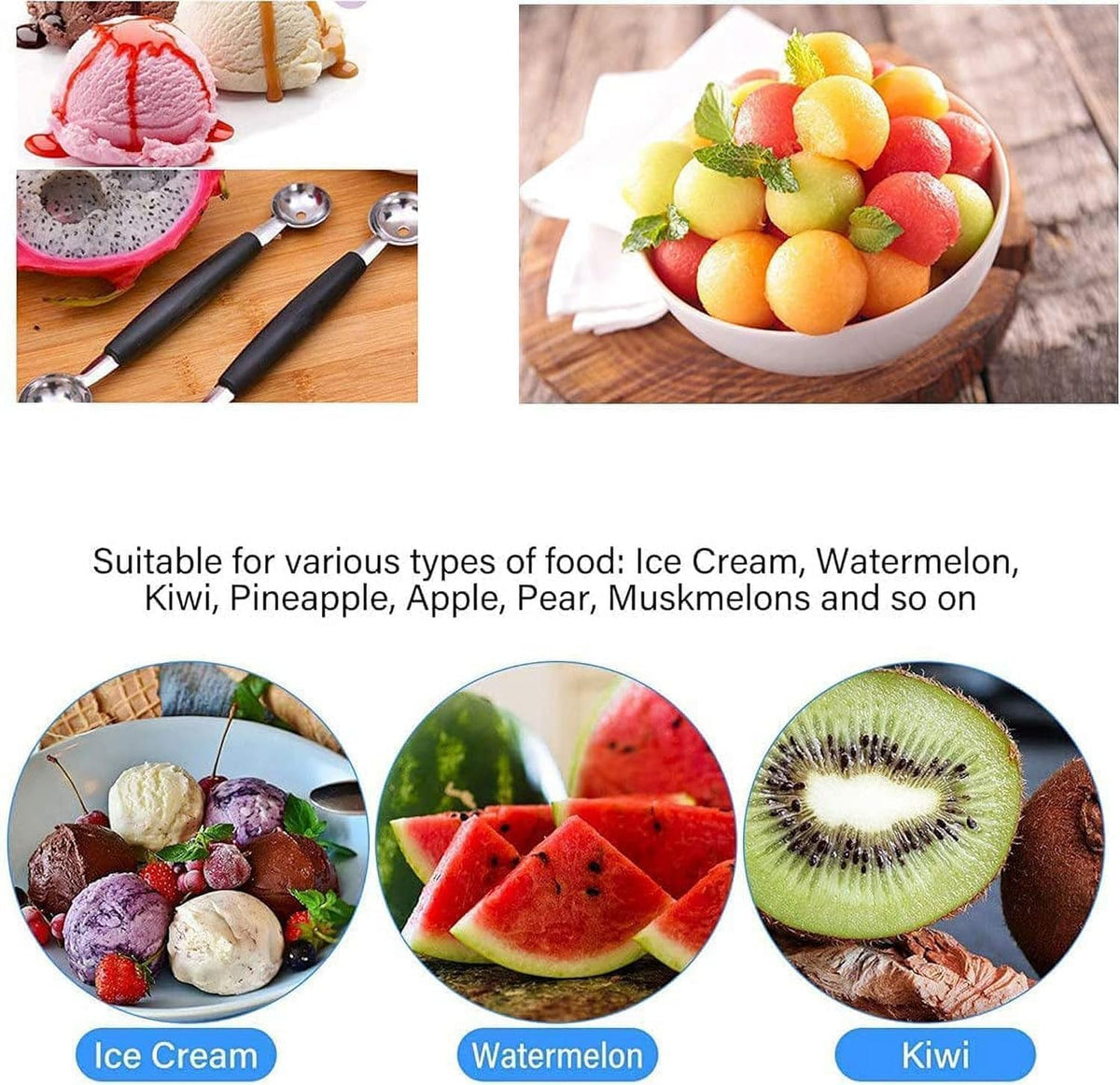 2 in 1 Stainless Steel Melon Ballers Melon Scoop, Suitable Watermelon Cantaloupe Ice Cream Comfortable Non-Slip Grip Kitchen Utensils and Gadgets, Double-Sided Fruit Melon Baller Spoon, Melon Ballers