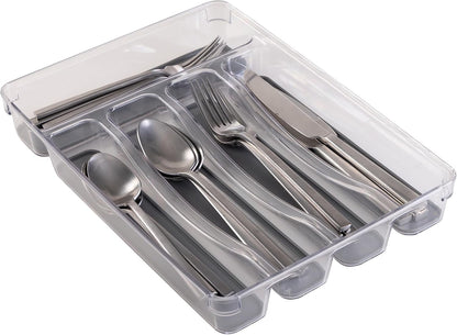 23195 Utensil and Cutlery Drawer Organizer, Divider, Tray, Storage, 5 Compartment, Clear
