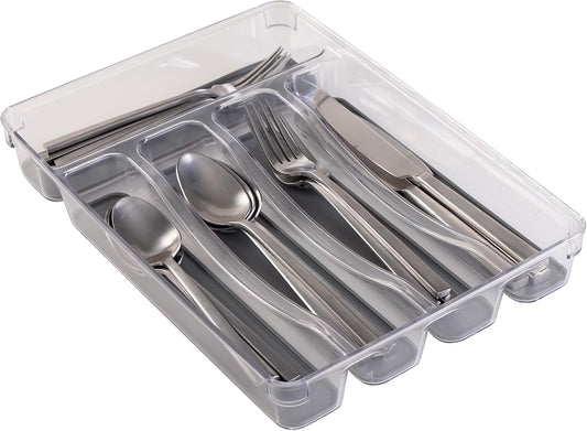 23195 Utensil and Cutlery Drawer Organizer, Divider, Tray, Storage, 5 Compartment, Clear